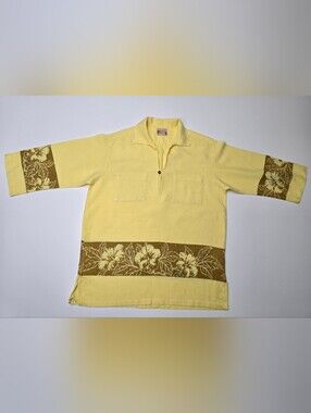 Vtg MCM 1960s Polynesian Bazaar Hawaiian Shirt Mens S/M Yellow Hibiscus Pull Ove